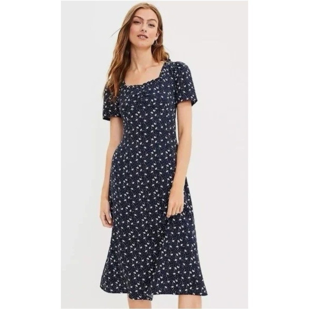 LOFT Floral Midi Dress Women's 6 Navy Blue Square Neck Short Sleeve Cottagecore